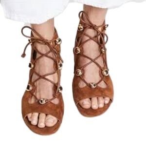 Rebecca Minkoff Adiv Almond Kid Suede Leather Heel Sandals Tobacco